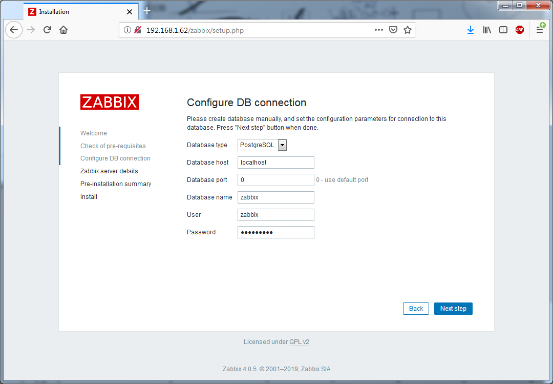 Установка Zappix 4.0 - Configure DB connection