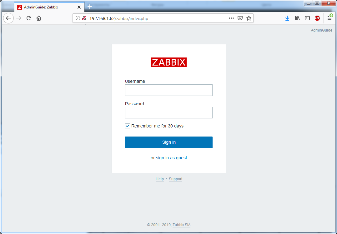 Установка Zappix 4.0 - Zabbix login screen