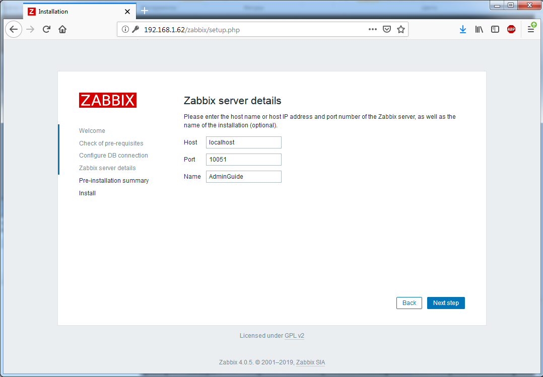 Установка Zappix 4.0 - Zabbix server details